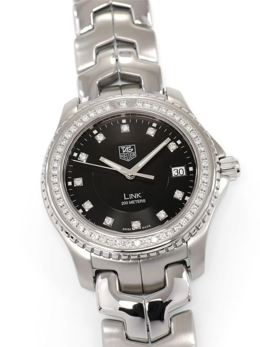 Tag Heuer Silver Stainless Steel Link Watch with Black Dial and Diamond Bezel
